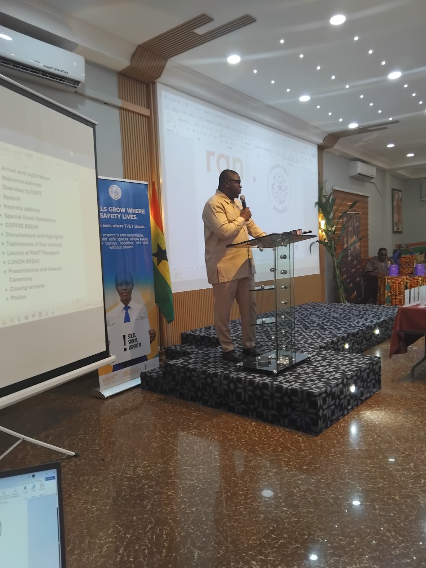 Keynote speaker addressing delegates from the stage at the RANT launch, Tru Vine Hotel